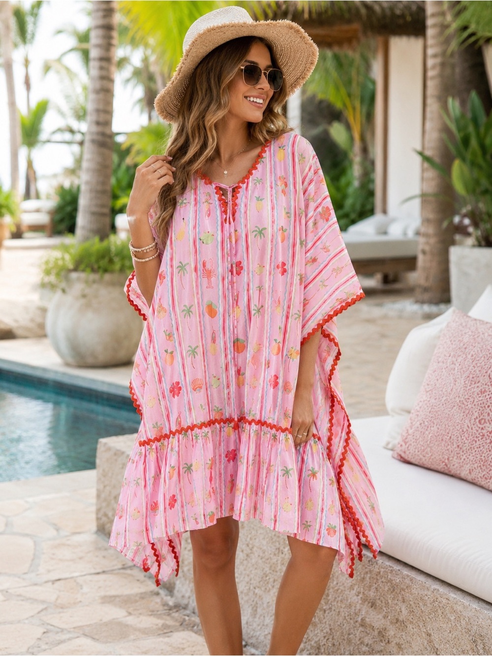 Tropical Fruit Print Beach Cover Up Kaftan O/S NWT
